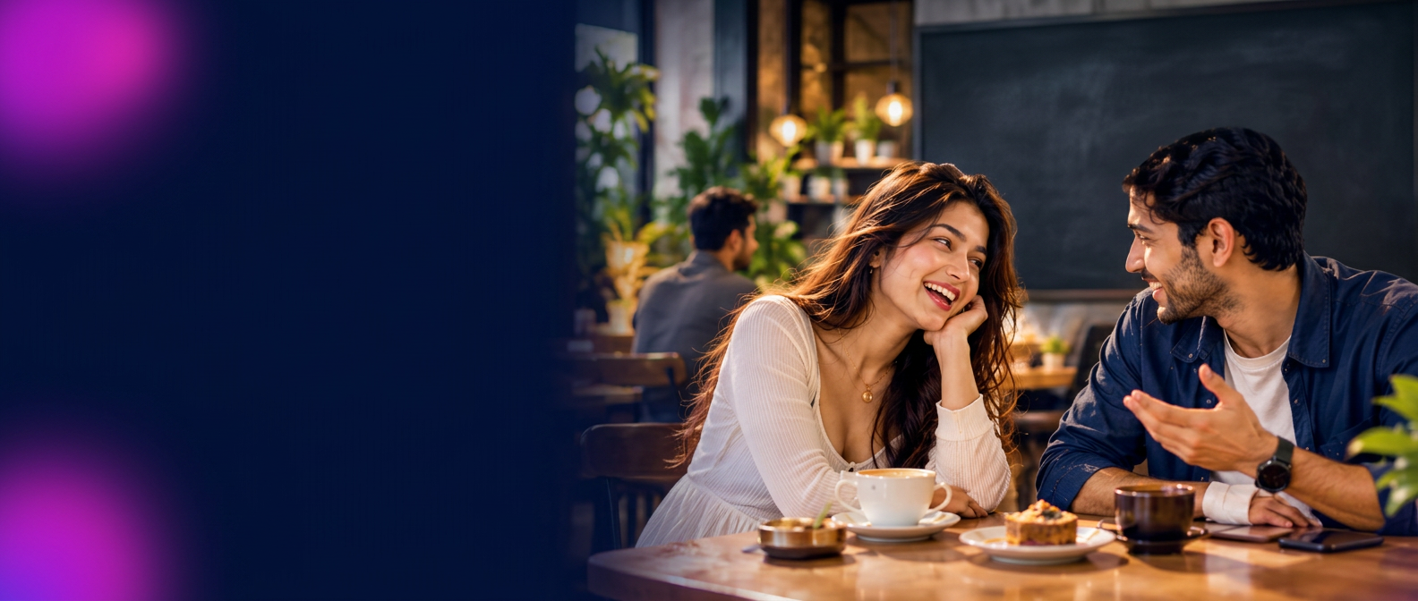 A young Indian woman and man smiling at each other over coffee in a cafe