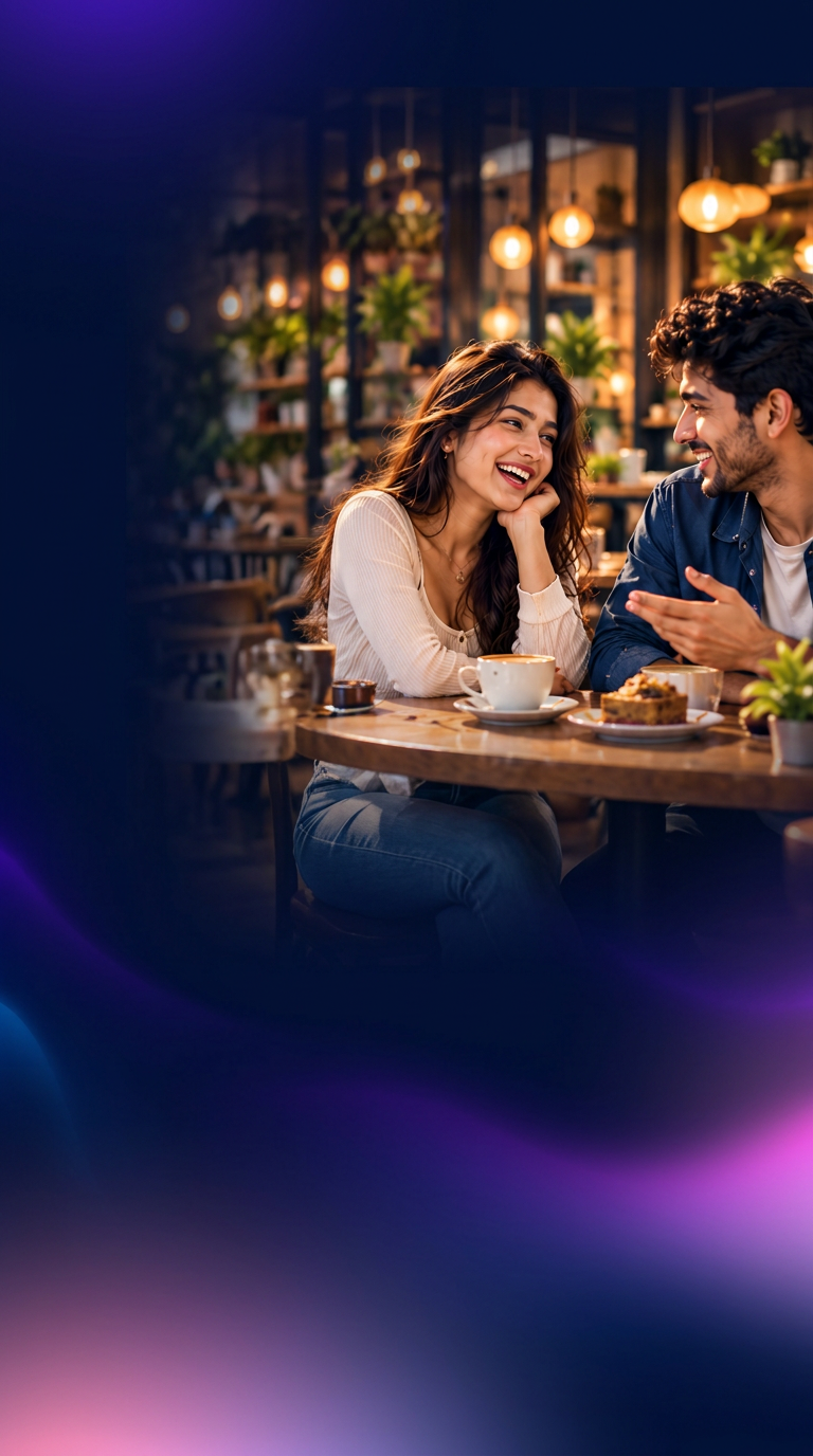 A young Indian woman and man smiling at each other over coffee in a cafe